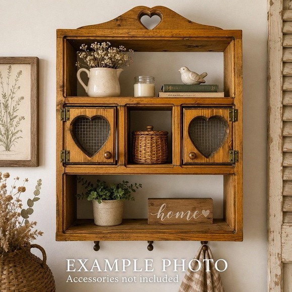 Other - Cottagecore Rustic Primitive Wooden Heart Wall Cabinet Shelf Chicken Wire Doors